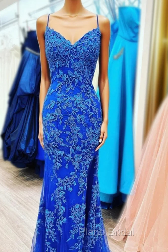 Blue Mermaid Spaghetti Straps Cheap Long Formal Prom Dresses,Evening Party Dresses Main image