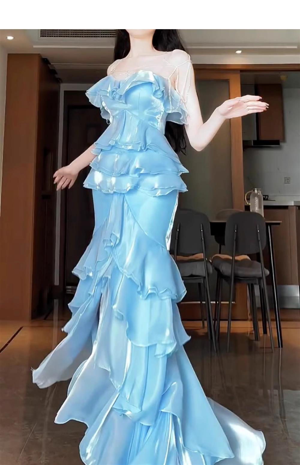 Blue Mermaid Strapless Long Ruffled Formal Prom Dresses Secondary image