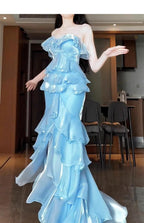 Blue Mermaid Strapless Long Ruffled Formal Prom Dresses