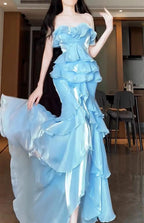 Blue Mermaid Strapless Long Ruffled Formal Prom Dresses