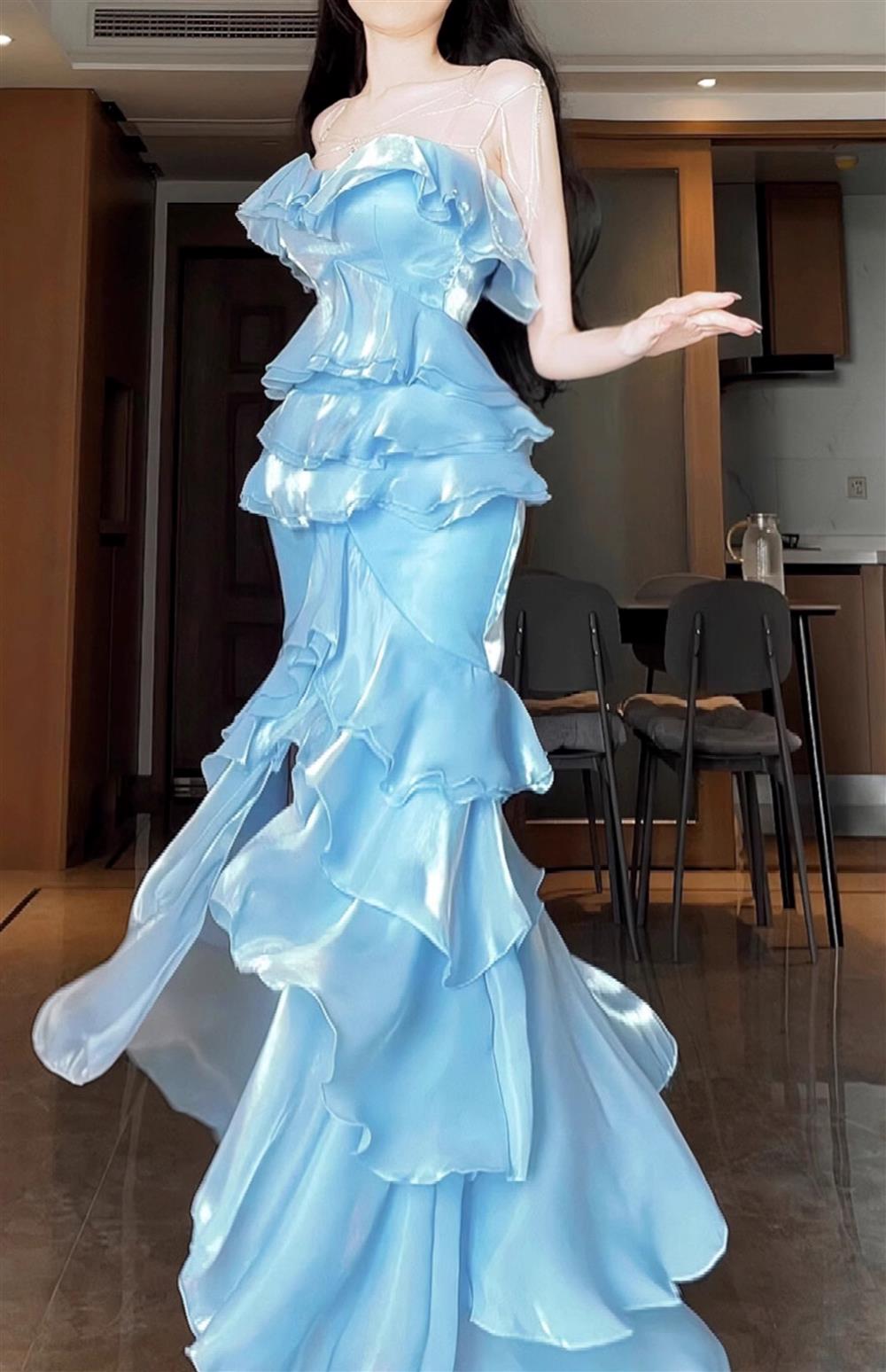 Blue Mermaid Strapless Long Ruffled Formal Prom Dresses