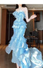 Blue Mermaid Strapless Long Ruffled Formal Prom Dresses