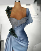 Blue Mermaid Sweetheart Satin Long Formal Prom Dresses Beaded One Shoulder Formal Evening Dresses