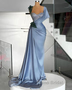 Blue Mermaid Sweetheart Satin Long Formal Prom Dresses Beaded One Shoulder Formal Evening Dresses