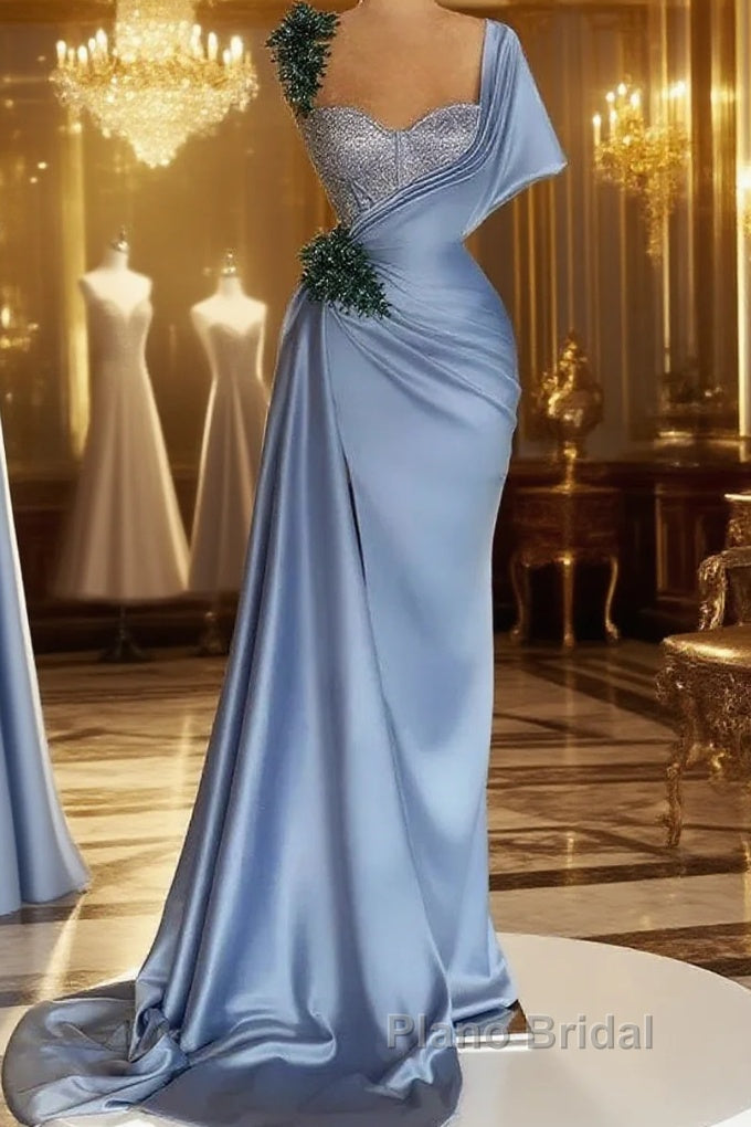 Blue Mermaid Sweetheart Satin Long Formal Prom Dresses Beaded One Shoulder Formal Evening Dresses