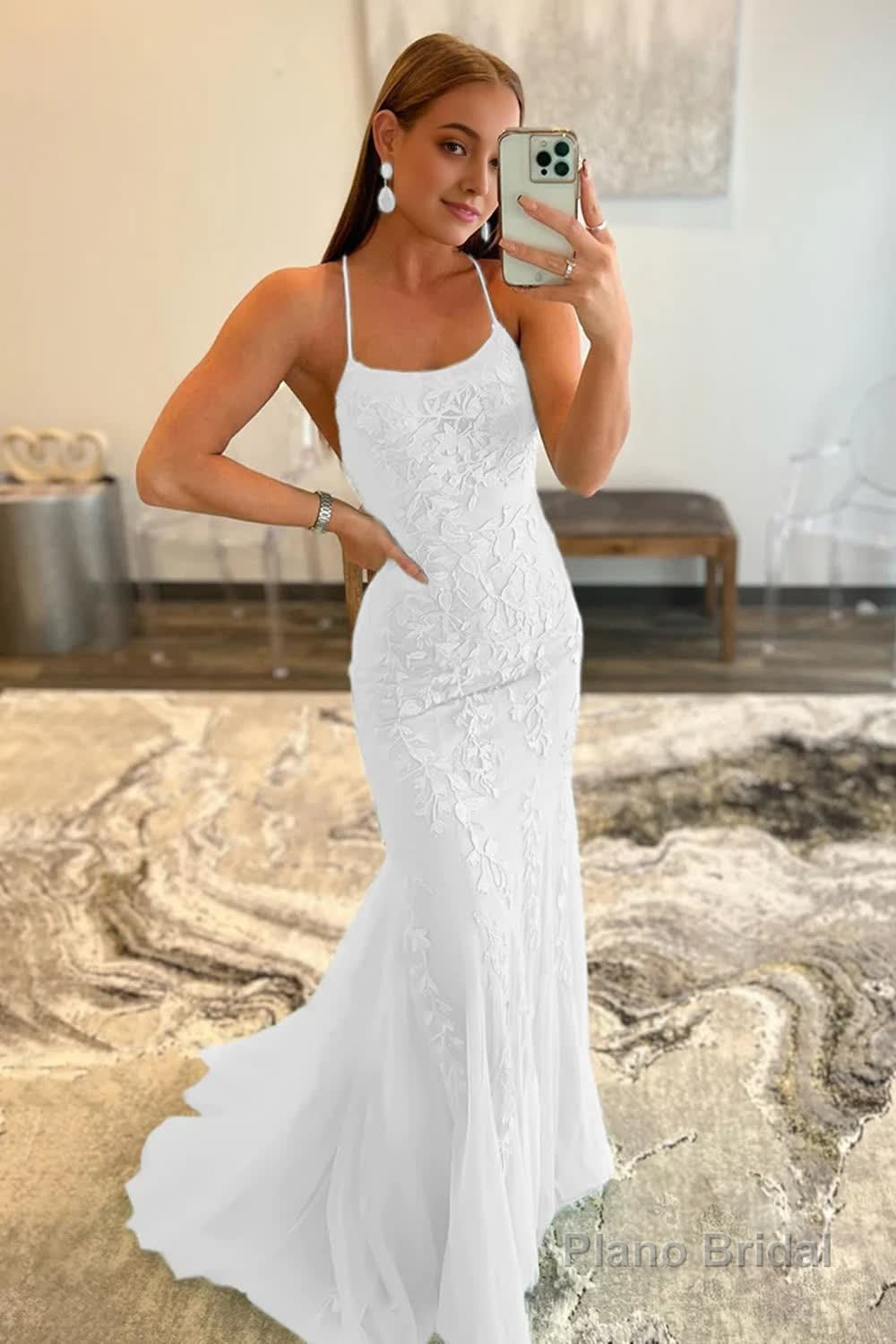 Blue Mermaid Tulle Backless Long Prom Dress with Lace Secondary image