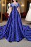Blue Mermaid Velvet Backless Cap Sleeve Formal Prom Dresses With Removable Train