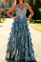 Blue Metallic A-Line Corset Tiered Long Prom Dress With Beading