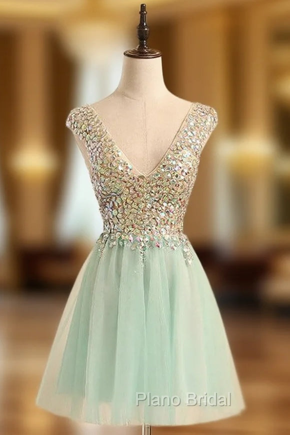 Blue Mini Short Crystal V-neck Dresses