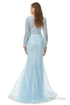 Neckline Long Sleeve Mermaid Lace Pattern Tulle Beading Prom Dresses