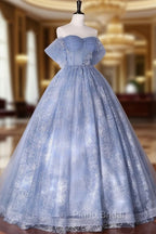 Blue Off Shoulder Ball Gown Floral Tulle Party Dresses, Blue Sweet 16 Dresses