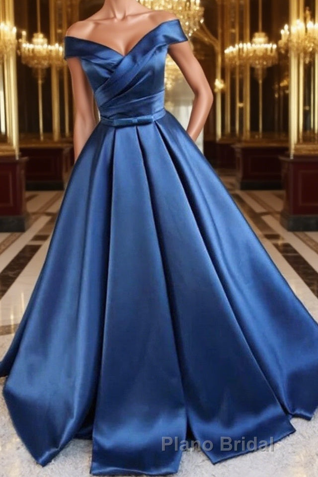 Blue Off Shoulder Satin Long Formal Prom Dresses, Off Shoulder Blue Formal Dresses, Ball Gown, Evening Dresses Main image