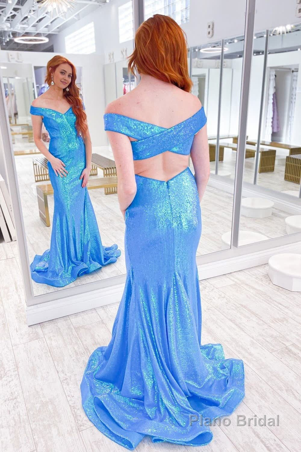 Blue Off Shoulder Sequins Mermaid Prom Dress Secondary image