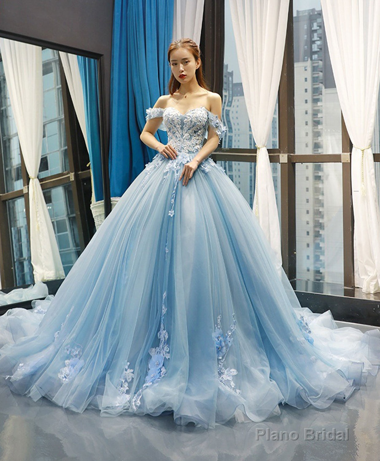Blue Off Shoulder Tulle Lace Long Prom Dress, Blue Formal Ball Gown Evening Dress Main image