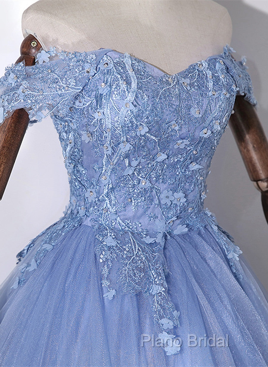 Blue Off Shoulder Tulle Party Dresses With Lace, Long Formal Dresses Sweet 16 Dresses Secondary image