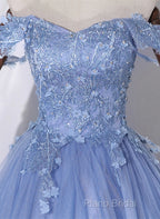 Blue Off Shoulder Tulle Party Dresses With Lace, Long Formal Dresses Sweet 16 Dresses