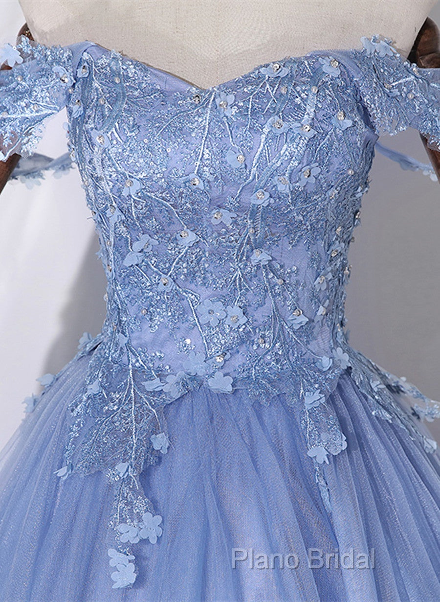 Blue Off Shoulder Tulle Party Dresses With Lace, Long Formal Dresses Sweet 16 Dresses