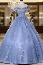 Blue Off Shoulder Tulle Party Dresses With Lace, Long Formal Dresses Sweet 16 Dresses