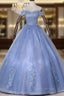 Blue Off Shoulder Tulle Party Dresses With Lace, Long Formal Dresses Sweet 16 Dresses