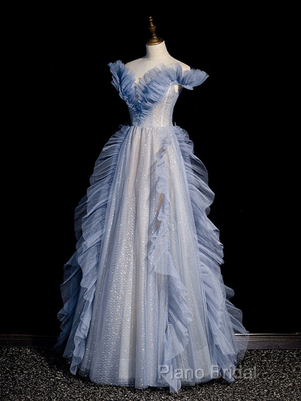 Blue Off Shoulder Tulle Sequin Beading Long Formal Prom Dresses, Blue Formal Dresses Secondary image