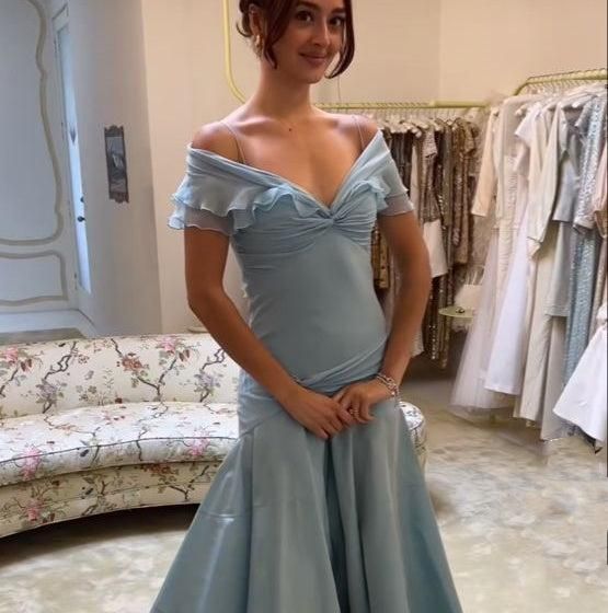 Elegant Blue A-Line Off-Shoulder Long Prom Dresses Vintage Satin Chiffon Formal Evening Dresses Secondary image