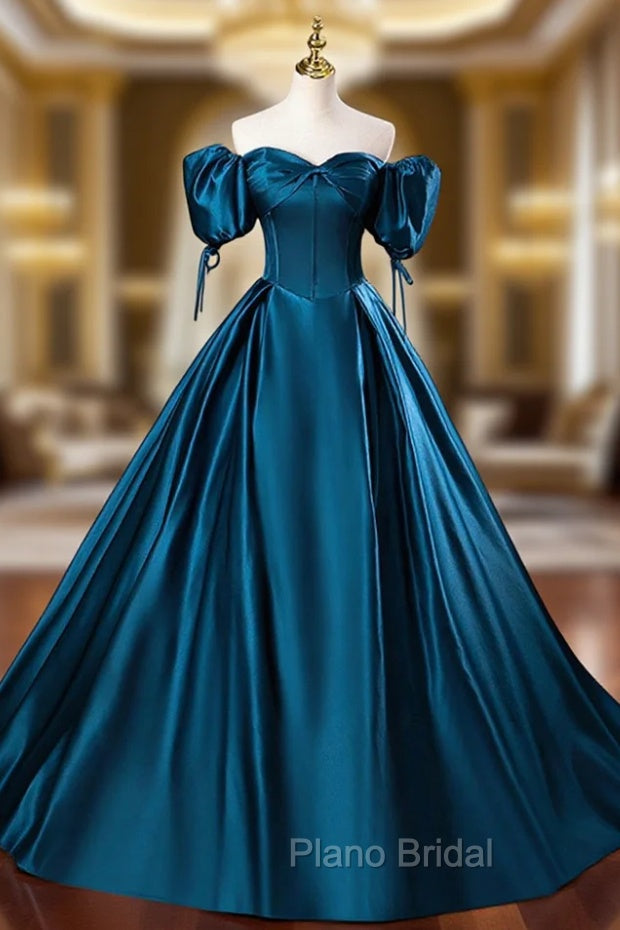 Blue Off the Shoulder Satin Floor Length Formal Prom Dresses with Corset, Blue Evening Party Dresses Main image