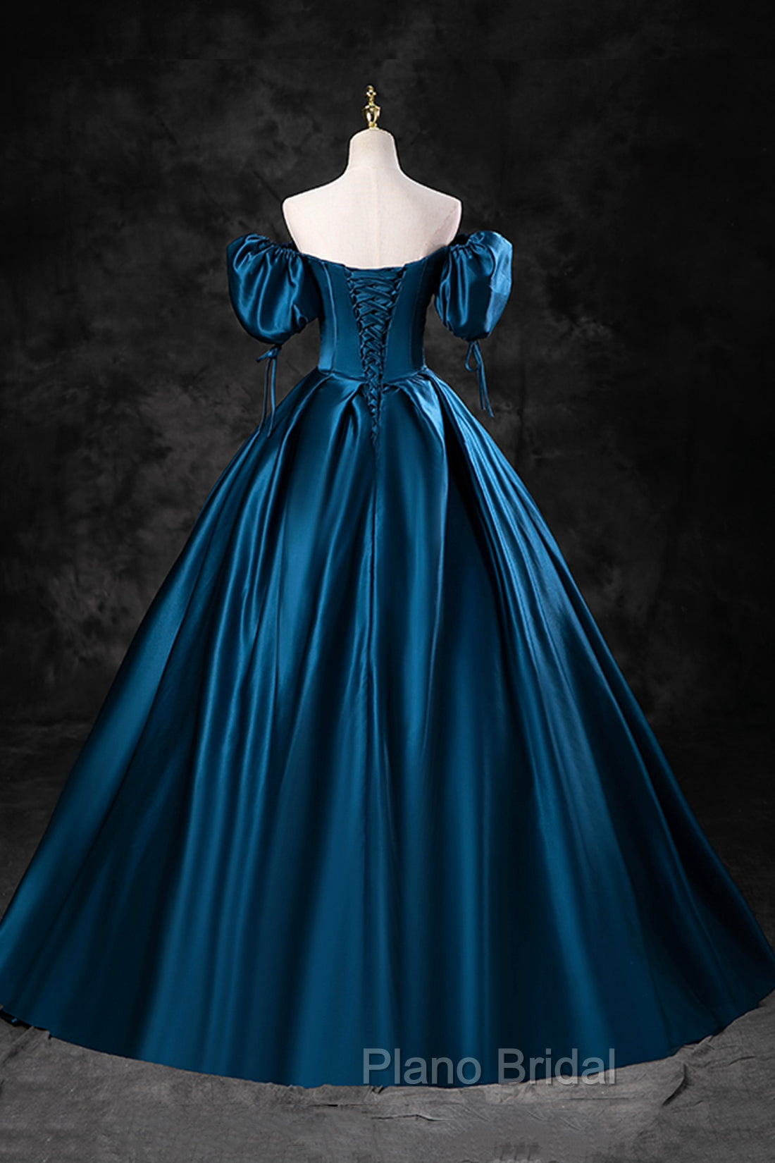 Blue Off the Shoulder Satin Floor Length Formal Prom Dresses with Corset, Blue Evening Party Dresses