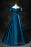 Blue Off the Shoulder Satin Floor Length Formal Prom Dresses with Corset, Blue Evening Party Dresses
