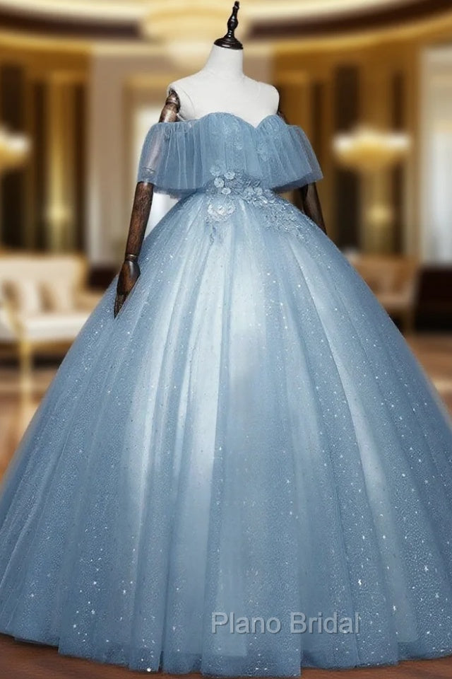 Blue Off-the-Shoulder Sequin Tulle Lace Sleeveless Lone Formal Prom Dresses,Sweet 16 Gown Main image