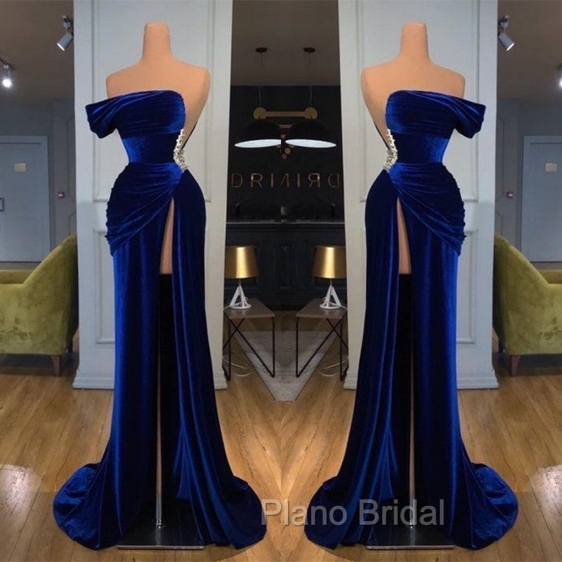 Blue Off-the-Shoulder Velvet Formal Prom Dresses Mermaid Long With Split Secondary image