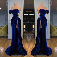 Blue Off-the-Shoulder Velvet Prom Dress Mermaid Long With Split