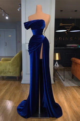 Blue Off-the-Shoulder Velvet Prom Dress Mermaid Long With Split