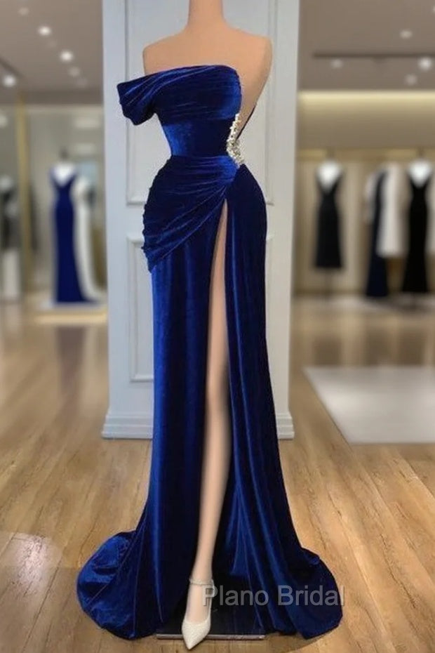 Blue Off-the-Shoulder Velvet Formal Prom Dresses Mermaid Long With Split Main image