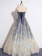 Blue Ombre Long Lace Formal Prom Dresses, Blue Long Lace Tulle Formal Evening Dresses