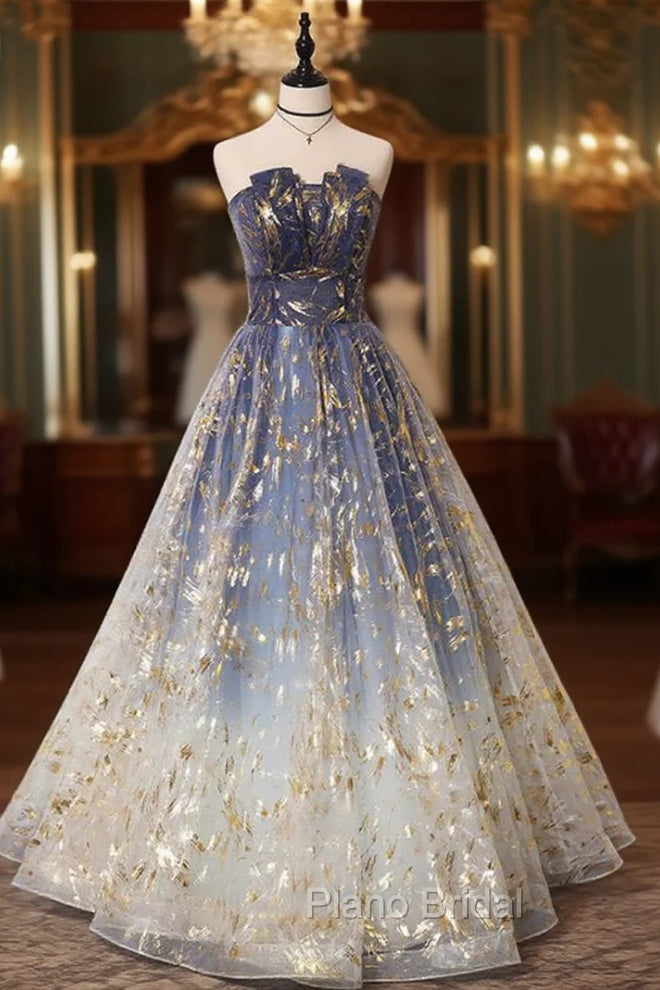 Blue Ombre Long Lace Formal Prom Dresses, Blue Long Lace Tulle Formal Evening Dresses