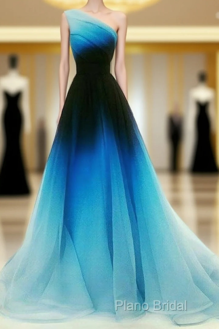 Blue Ombre One Shoulder Ruched Formal Prom Dresses