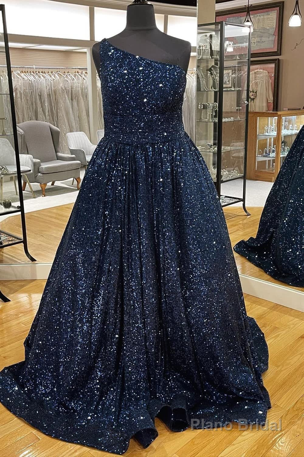 Blue One Shoulder A Line Sequins Prom Dress