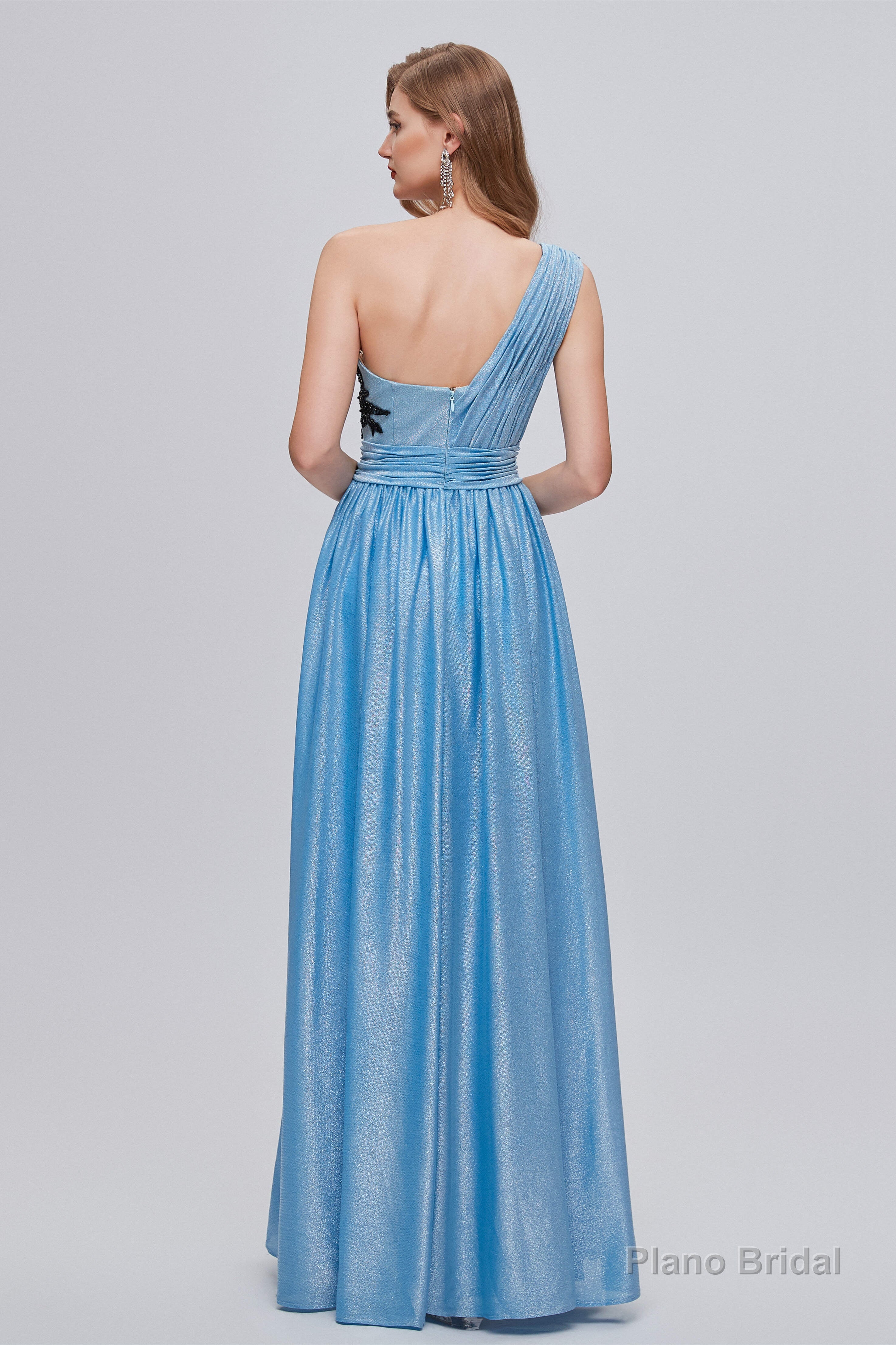 Blue One Shoulder Ruched Long Prom Dresses with Applique
