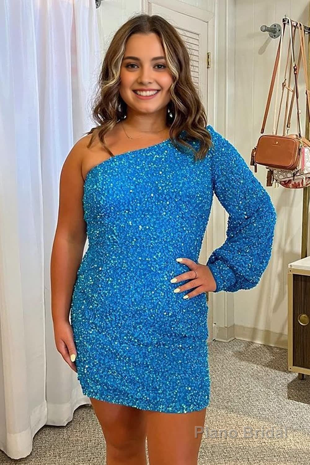 Blue One Shoulder Sequins Tight Homecoming Dress Main image