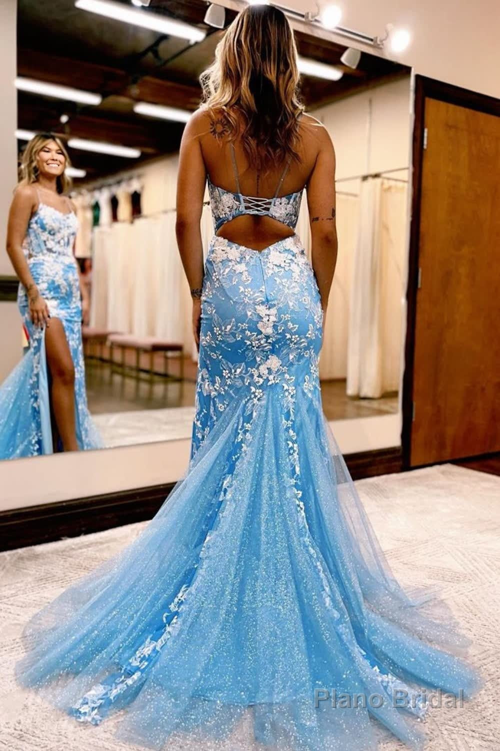 Blue Open Back Mermaid Lace Prom Dress with Slit Secondary image