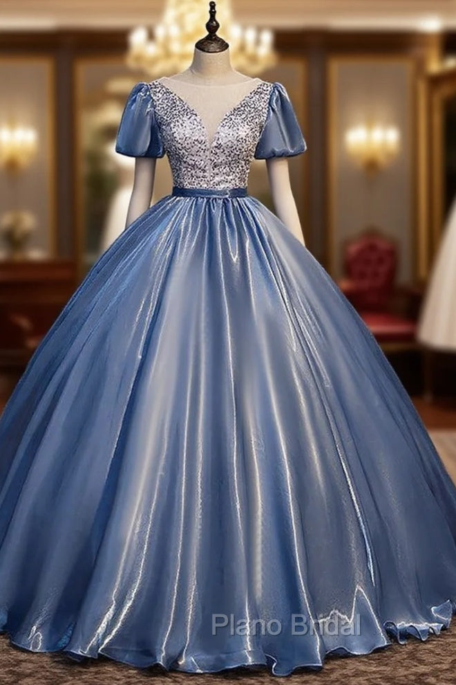 Blue Organza Sequins Puff Sleeve Quinceanera Dresses Main image