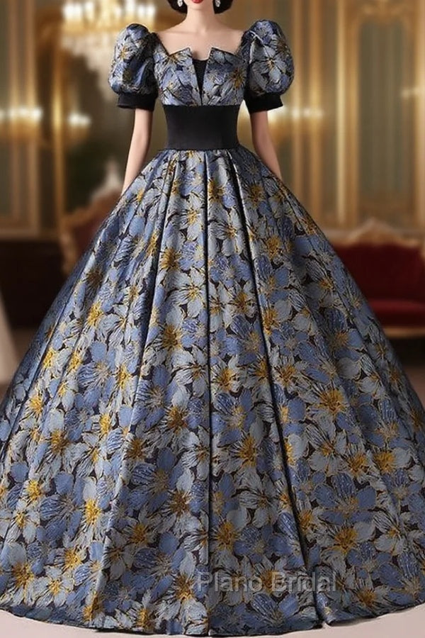 Blue Print Short Sleeve Quinceanera Dresses