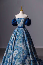 Blue Printed Long A-Line Formal Prom Dresses, Blue Off the Shoulder Formal Evening Dresses