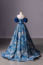 Blue Printed Long A-Line Formal Prom Dresses, Blue Off the Shoulder Formal Evening Dresses