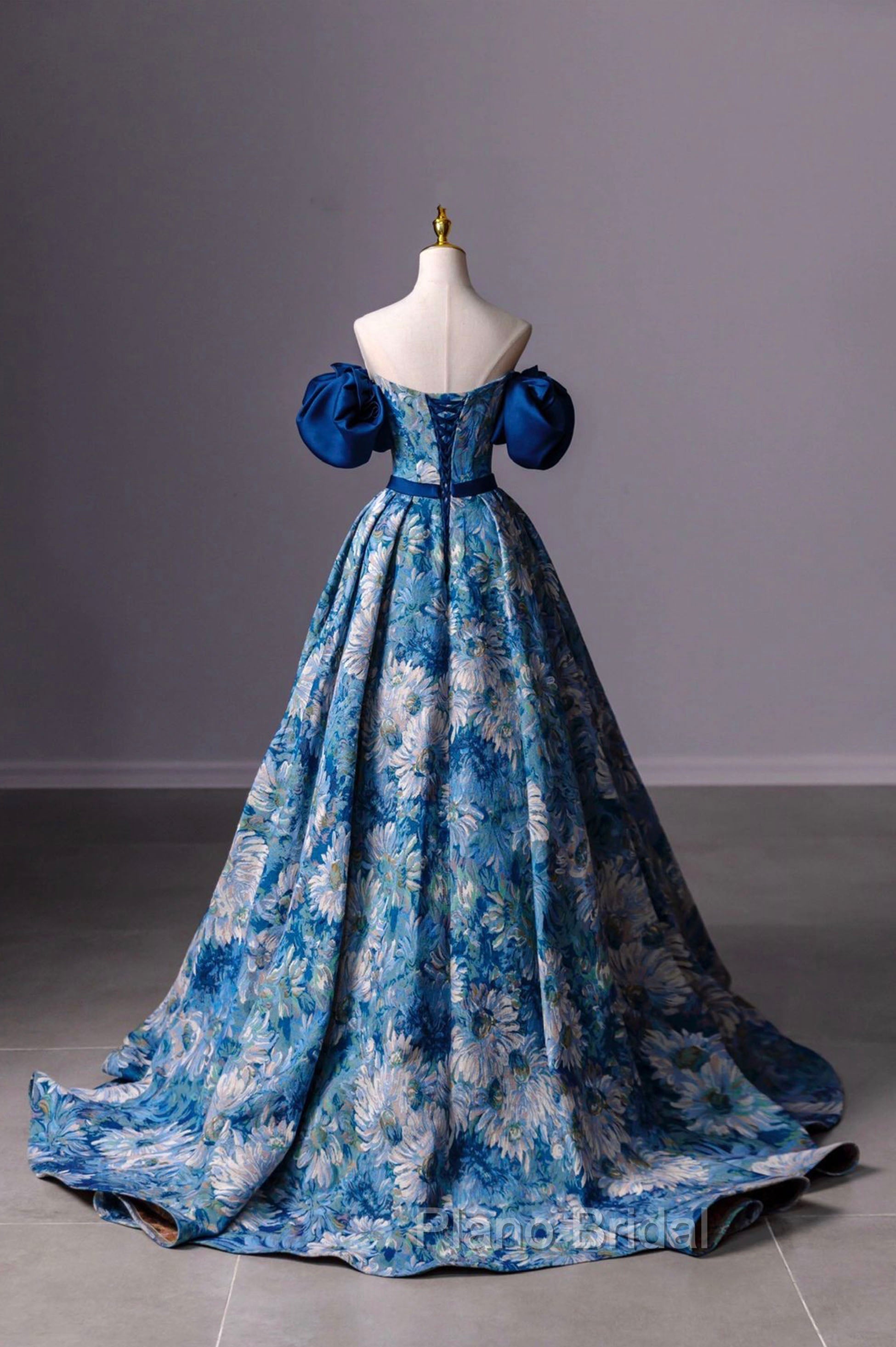 Blue Printed Long A-Line Formal Prom Dresses, Blue Off the Shoulder Formal Evening Dresses