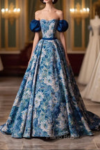 Blue Printed Long A-Line Formal Prom Dresses, Blue Off the Shoulder Formal Evening Dresses