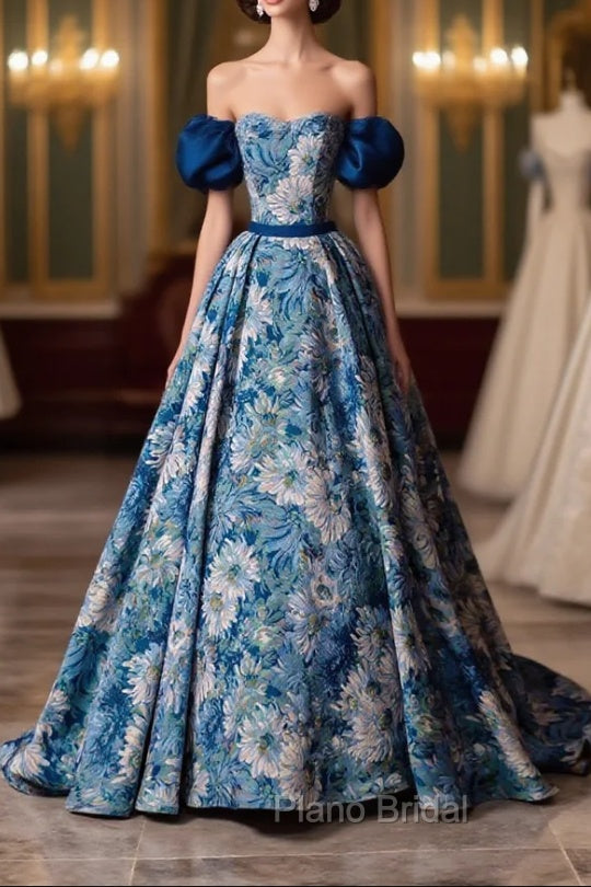 Blue Printed Long A-Line Formal Prom Dresses, Blue Off the Shoulder Formal Evening Dresses