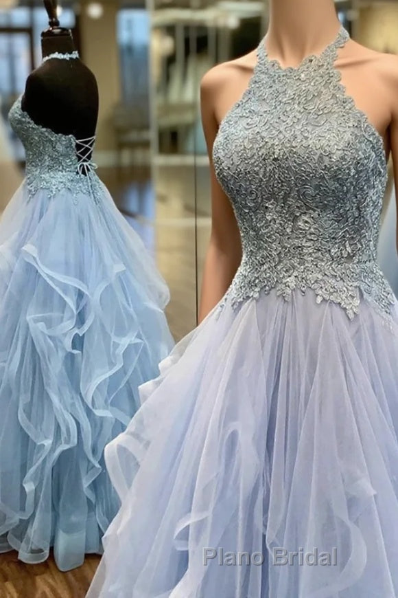 Baby Blue Formal Prom Dress A Line Halter Long Party Evening Dress with Appliques Open Back Main image