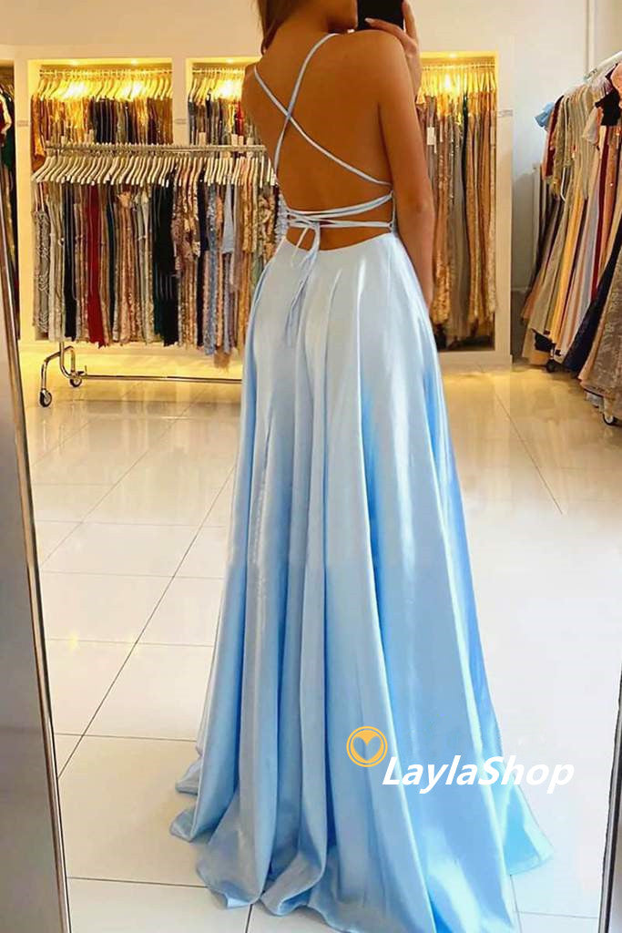 Blue Formal Prom Dresses,Halter Long Formal Evening Dresses With Side Slit