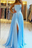 Blue Formal Prom Dresses,Halter Long Formal Evening Dresses With Side Slit